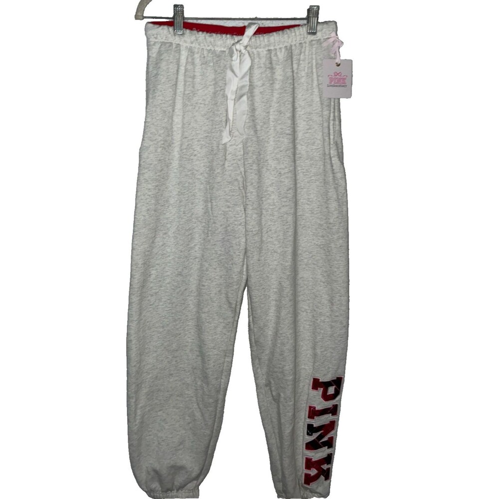 VS PINK x Love Shack Fancy Snow Heather Cream Jogger Sweatpants sz L Bling Logo